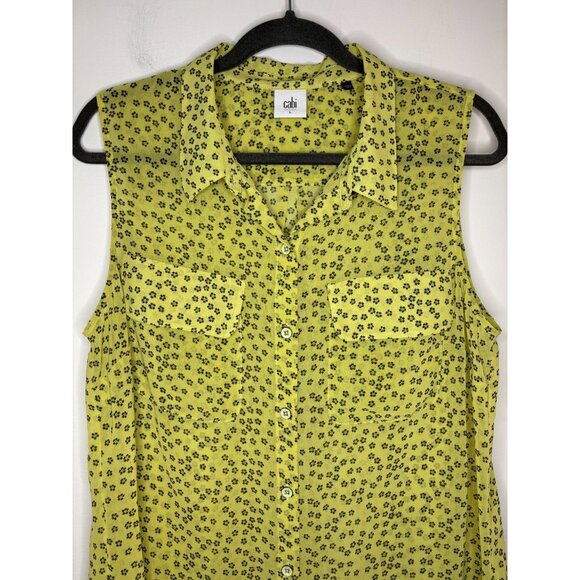 CAbi Sleeveless Button Up Blouse Womens L Yellow Black Floral Collar Flowy Sheer - Picture 4 of 8